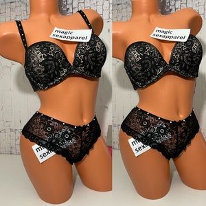VS 34C BRA M PANTY SET PEARLS FAUX LEATHER LACE